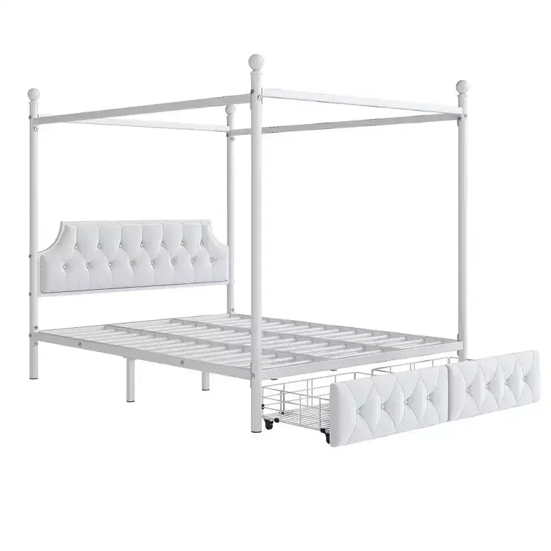 Lit plate-forme à baldaquin moderne en métal taille Queen Luxystar avec tête de lit rembourrée et 2 tiroirs, blanc