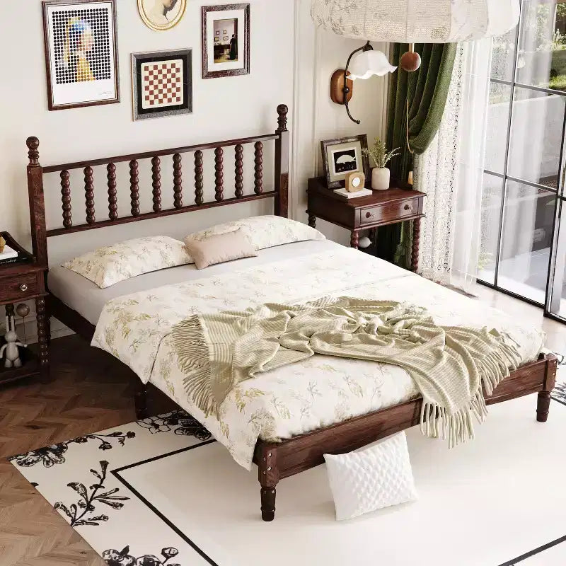 Lit plateforme queen size en bois avec tête de lit en forme de calebasse, lit de style rétro avec support à lattes en bois -