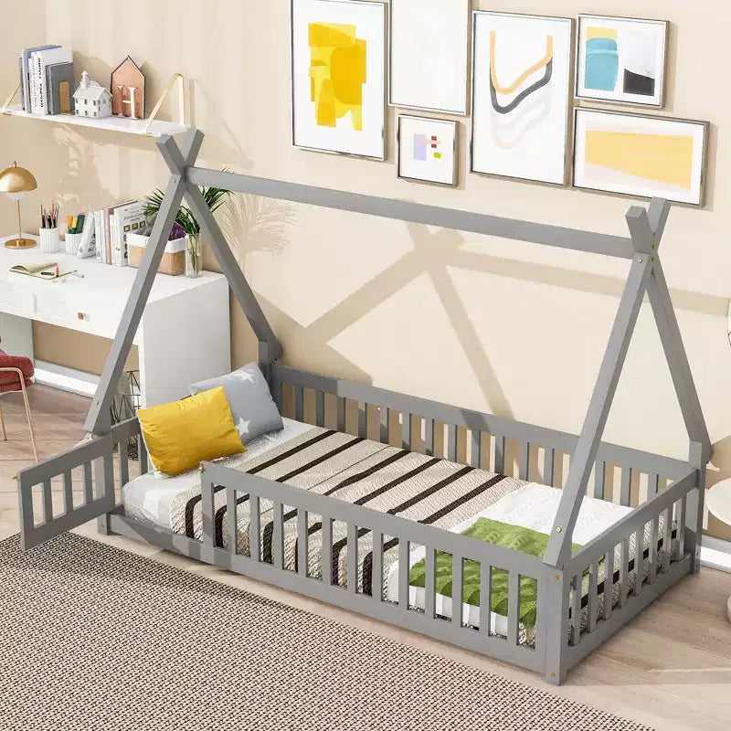 Okak Lit au sol simple/double avec toit amovible en forme de tente et rails de sécurité à 360° pour les tout-petits de 2 à 6 ans, lit pour enfants facile à monter, chambre d'enfant