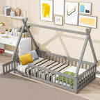 Okak Lit au sol simple/double avec toit amovible en forme de tente et rails de sécurité à 360° pour les tout-petits de 2 à 6 ans, lit pour enfants facile à monter, chambre d'enfant