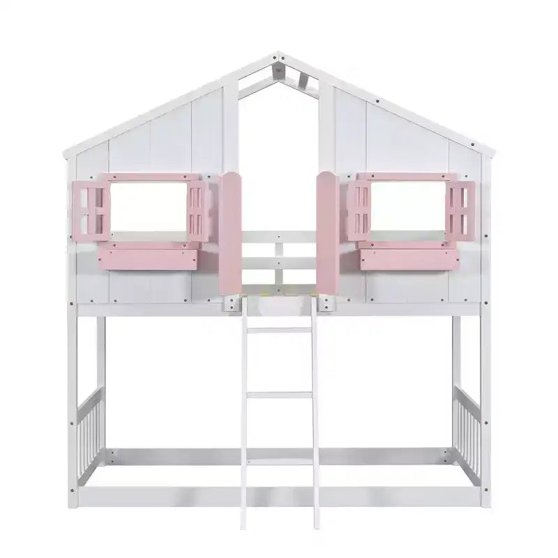 Lit superposé Whisen Twin sur Twin avec toit, fenêtre, jardinière, porte, barrières de sécurité et échelle