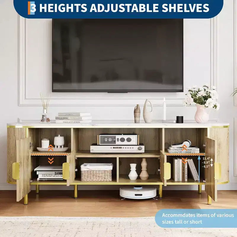 Meuble TV cannelé COZONY de 178 cm pour téléviseurs jusqu'à 80 pouces, console multimédia avec plateau en faux marbre et portes coulissantes