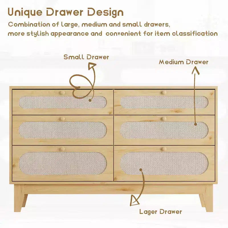 52.1 Commode en rotin avec station de charge, commode en bois à 6 tiroirs pour chambre à coucher avec tiroirs de capacités variées