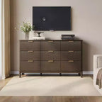 Commode à 9 tiroirs cannelés pour chambre à coucher, grande commode de style moderne du milieu du siècle avec poignées en métal doré, larges commodes en bois de style bohème