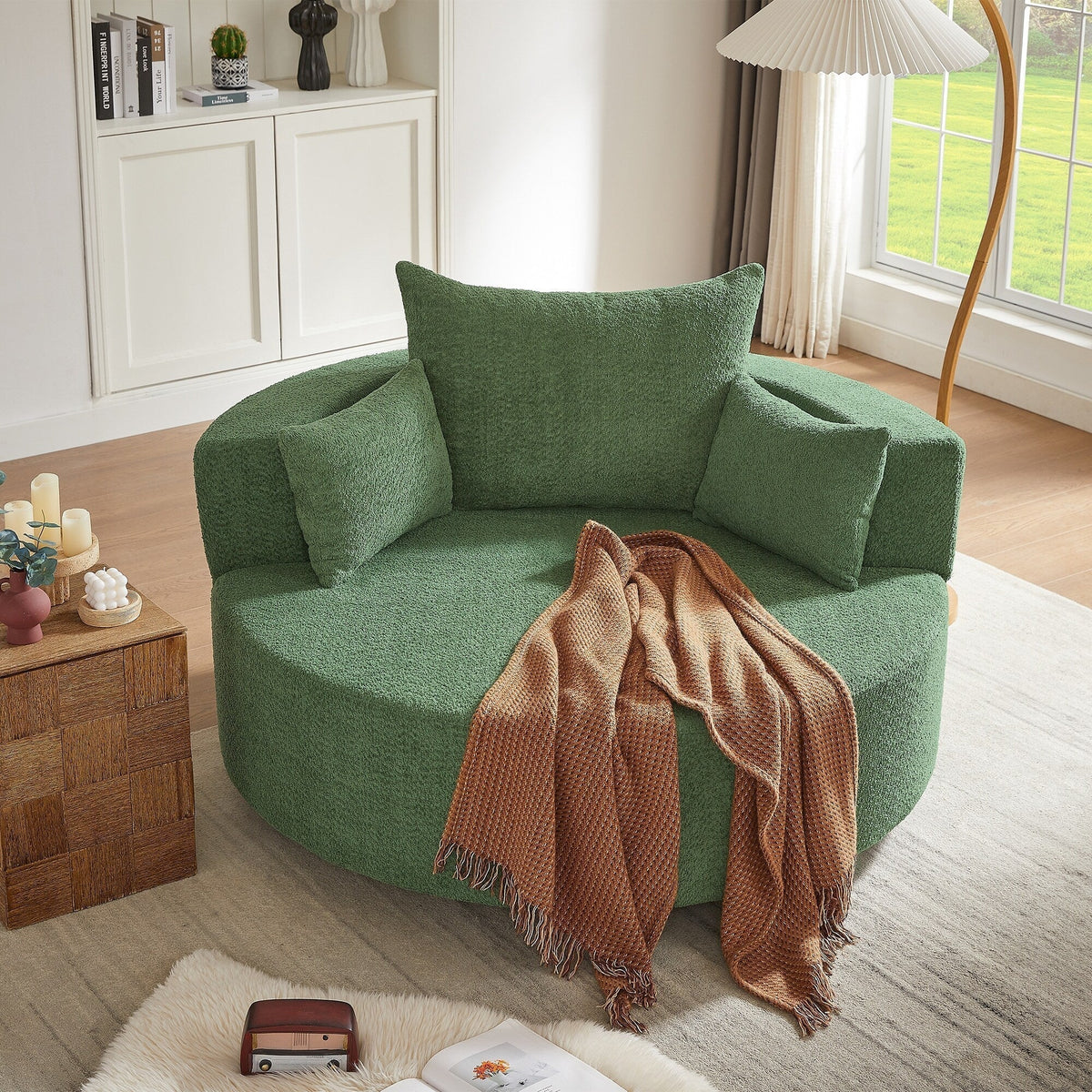 Fauteuil baril accent en chenille, Fauteuil de salon, Fauteuil rond avec base pivotante à 360 degrés et 3 coussins amovibles