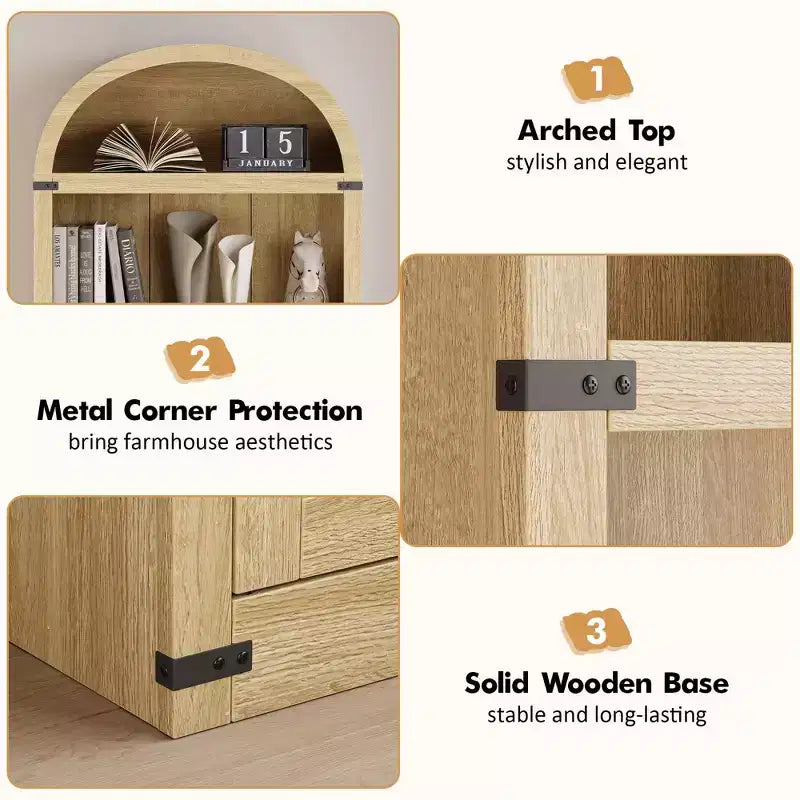 Bibliothèque avec portes Étagère cintrée 182 cm de haut Bibliothèque de style rustique avec étagères Bibliothèques en bois pour la maison, le bureau, le salon