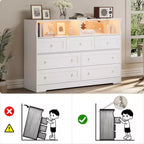 Commode en bois à 7 tiroirs avec station de recharge USB et lumières LED - Coiffeuse moderne avec 2 niches ouvertes pour chambre à coucher, salon, placard ou chambre d'enfant