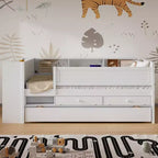Lit de jour multifonctionnel double avec tiroirs et lit gigogne, rangement intégré à la tête de lit, table et station de recharge USB ModernLuxe