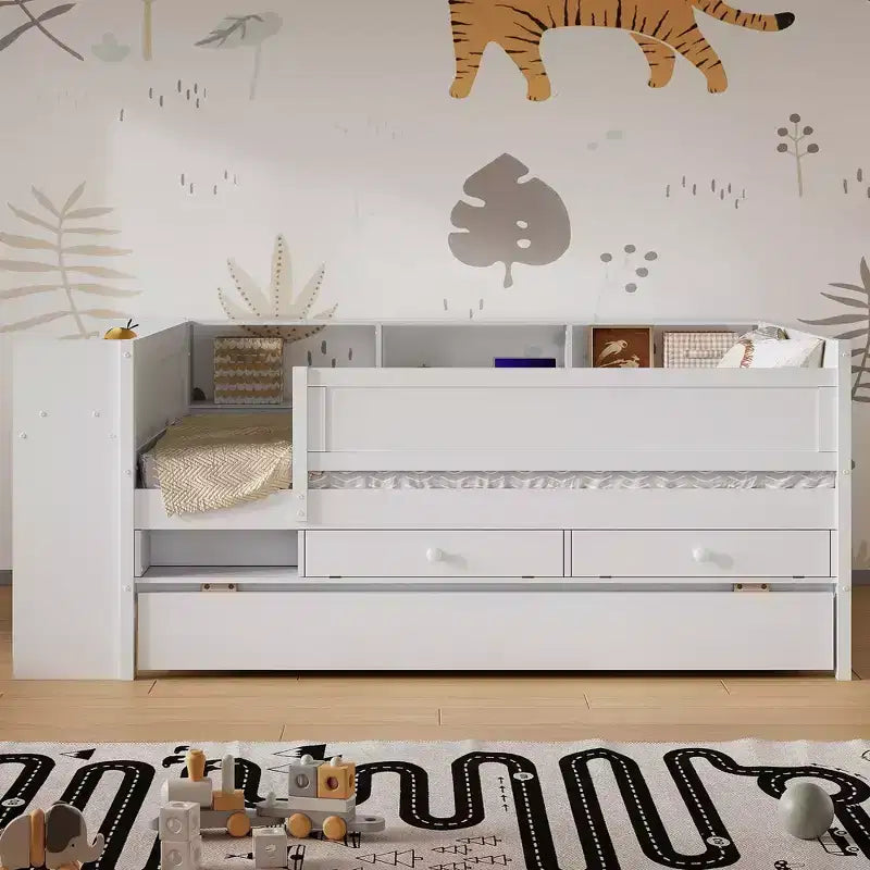 Lit de jour multifonctionnel double avec tiroirs et lit gigogne, rangement intégré à la tête de lit, table et station de recharge USB ModernLuxe
