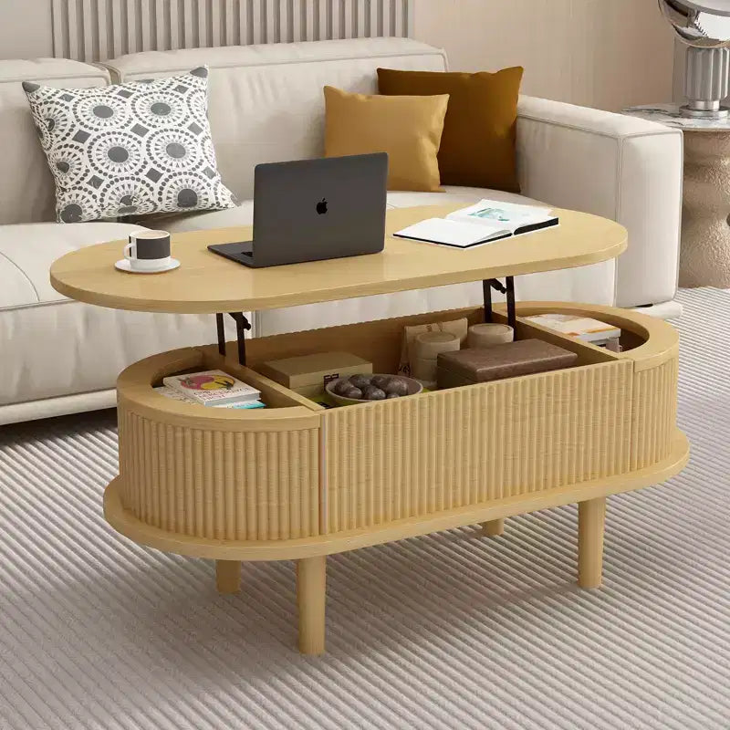 NAYSAYE Table basse relevable Table d'appoint Table centrale cannelée en bois avec rangement caché pour salon ou bureau, marron, 40*18.89*15.75