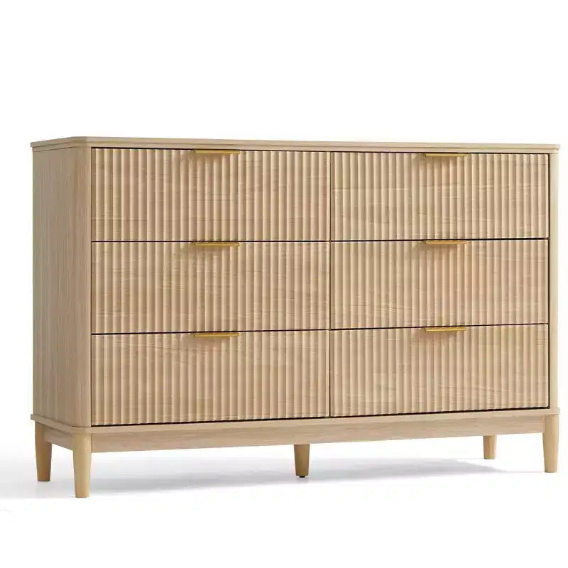 Commode LINSY HOME à 6 tiroirs cannelés pour chambre à coucher, grande commode de style moderne du milieu du siècle avec poignées en métal doré, commodes larges en bois de style bohème