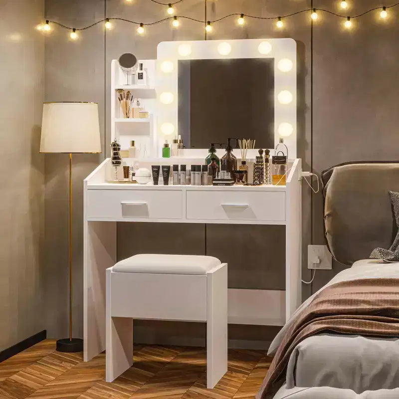 Coiffeuse de Maquillage avec Lumières, Bureau de Maquillage avec Miroir et Lumières, Grand Tiroir et Armoire de Rangement à Deux Étages, 3 Modes d'Éclairage