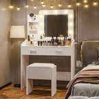 Coiffeuse de Maquillage avec Lumières, Bureau de Maquillage avec Miroir et Lumières, Grand Tiroir et Armoire de Rangement à Deux Étages, 3 Modes d'Éclairage