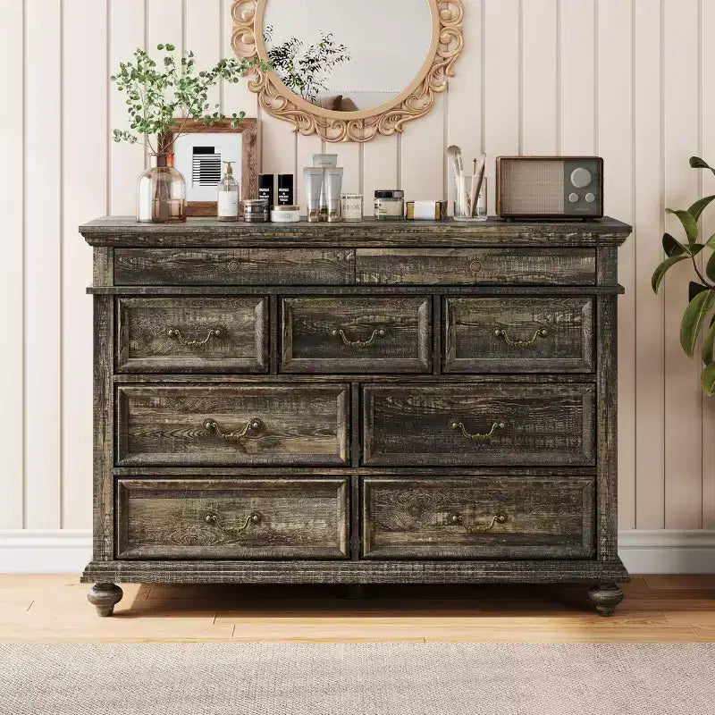 Commode de Ferme à 9 Tiroirs pour Chambre à Coucher, Large Commode Rustique en Bois de 47" avec 9 Tiroirs et Poignées en Métal, Grand Organiseur de Rangement