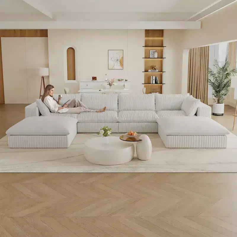Canapé d'angle modulable en velours côtelé blanc de 4 m avec 2 poufs, grand canapé profond, design double couche, coussin amovible, aucun assemblage requis.