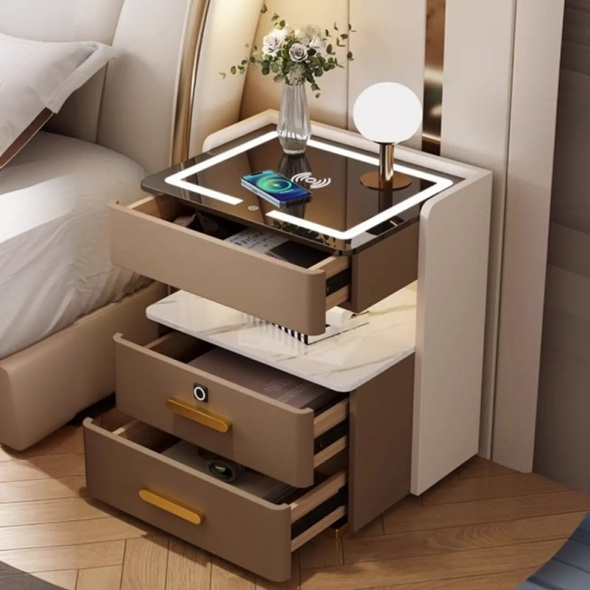 Table de chevet avec rangement à tiroirs, recharge sans fil et éclairage LED