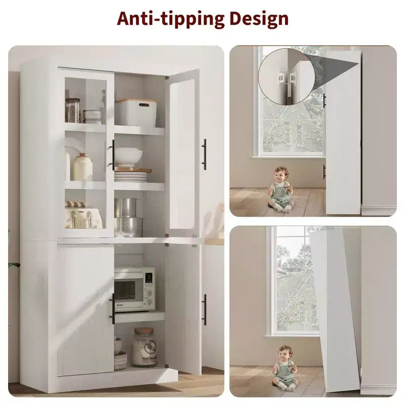 Grand garde-manger de cuisine en bois, armoire de rangement alimentaire autonome de style ferme avec 4 portes magnétiques, étagères réglables, grand rangement
