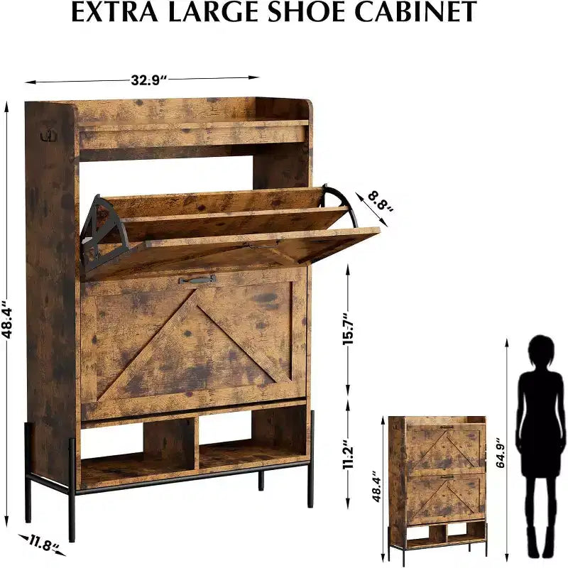 Meuble à chaussures Acekool avec 2 tiroirs basculants et rangement ouvert, pieds de support réglables, poignées métalliques, organisateur d'entrée