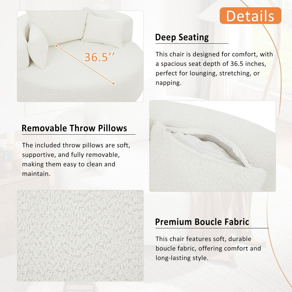 Fauteuil baril accent en chenille, Fauteuil de salon, Fauteuil rond avec base pivotante à 360 degrés et 3 coussins amovibles
