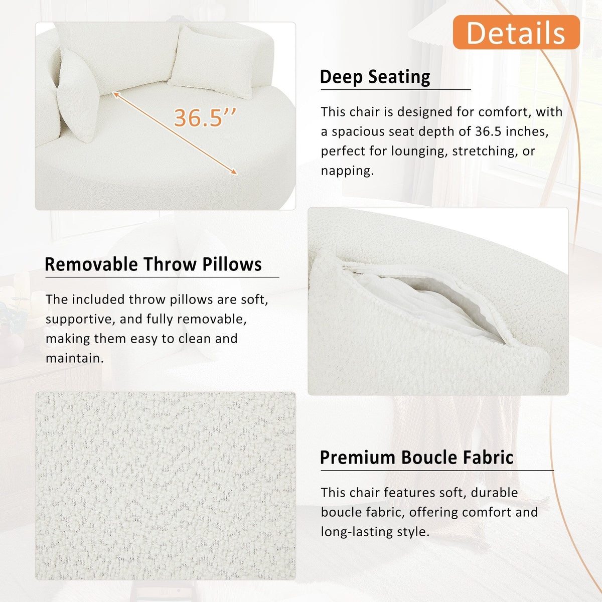 Fauteuil baril accent en chenille, Fauteuil de salon, Fauteuil rond avec base pivotante à 360 degrés et 3 coussins amovibles