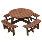 Ensemble de salle à manger rond en bois de sapin pour patio extérieur 8 personnes avec 4 bancs intégrés et trou pour parasol