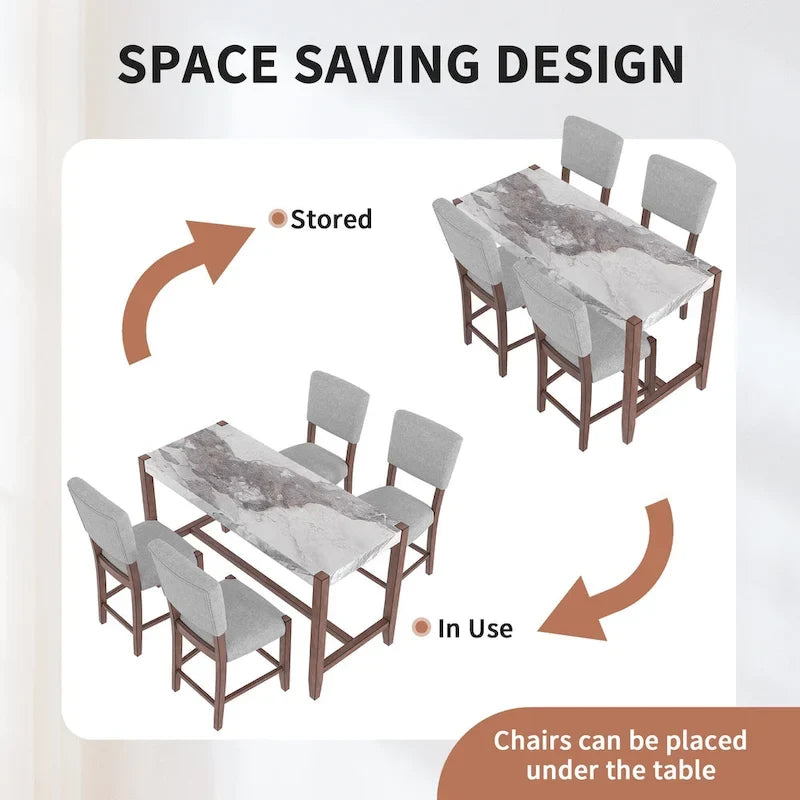 Ensemble de salle à manger 5 pièces à hauteur de comptoir, table de bar en faux marbre et 4 chaises rembourrées