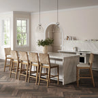 Tabouret de bar Beacon Bohemian Boucle, Chaise de comptoir rembourrée avec structure en bois massif et dossier en jonc de mer tressé