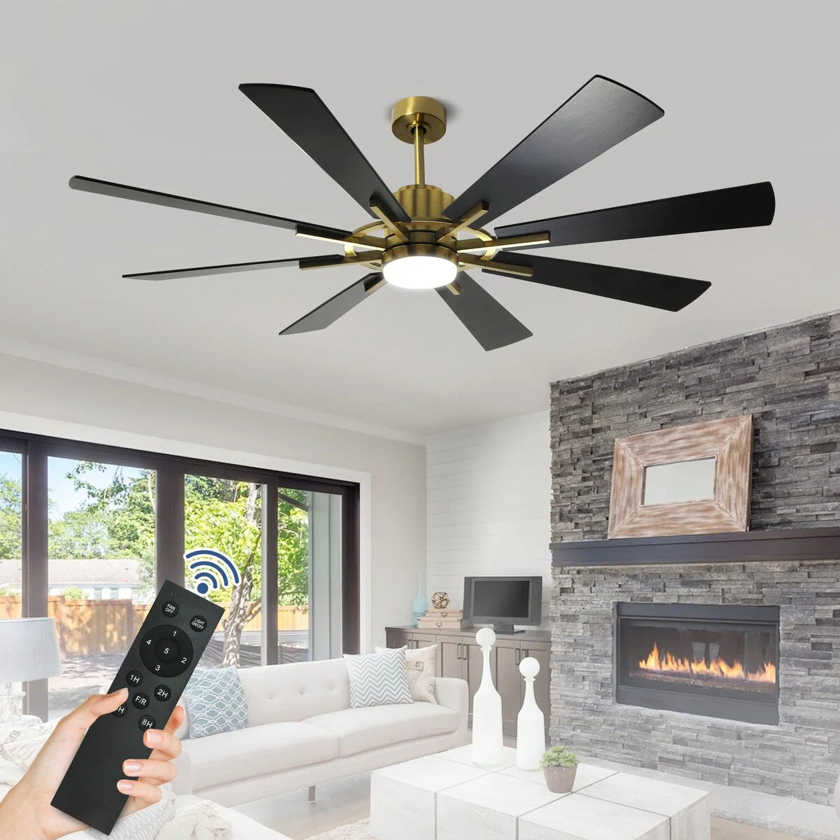 Ventilateur de plafond télécommandé avec lumières, grandes 8 pales en bois