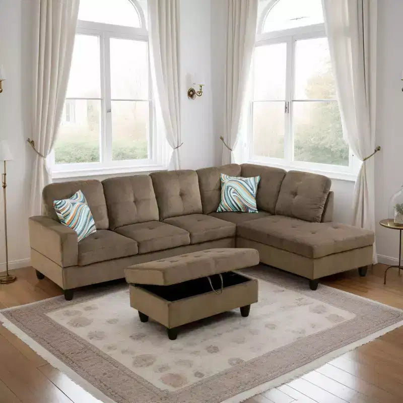 Canapé sectionnel en tissu marron avec méridienne et pouf de rangement – Confort et style modernes