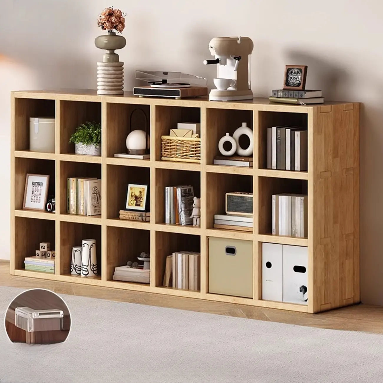 Bibliothèque moderne horizontale en bois à 8 cubes, finition naturelle