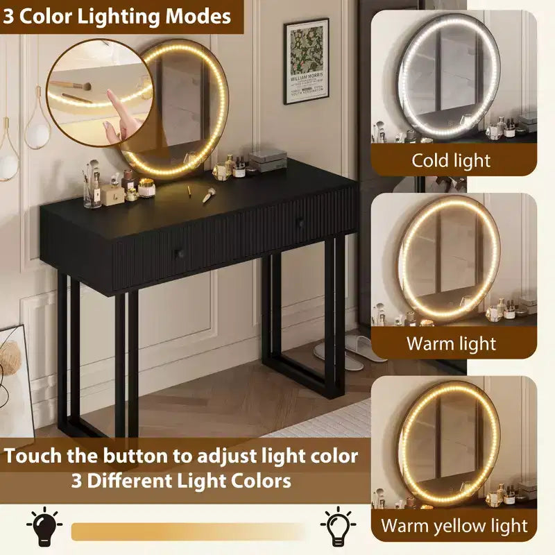 COZONY Coiffeuse de 100 cm avec Miroir Rond Éclairé HD, 3 Couleurs de Lumières LED, 2 Tiroirs, Coiffeuse Compacte pour Chambre, Noir