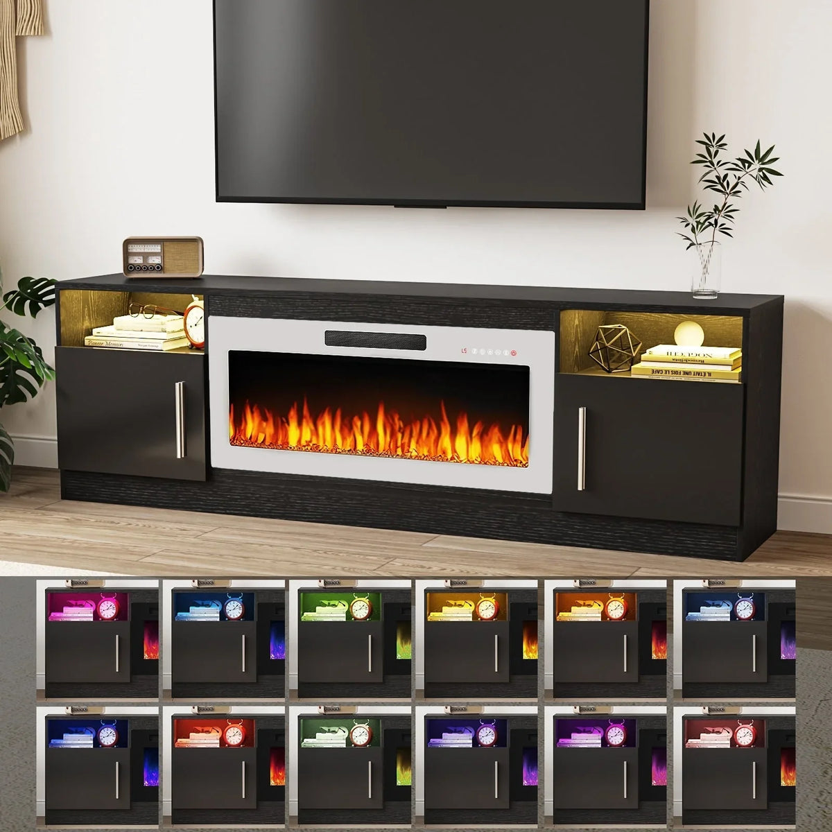 Meuble TV cheminée Bossin 70 avec cheminée électrique 36, meuble TV pour téléviseurs jusqu'à 80 pouces, lumières LED 16 couleurs/centre de divertissement