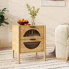 Table de chevet en bambou avec 2 tiroirs de rangement et façades en verre trempé cannelé pour chambre à coucher (1 ou 2 pièces)