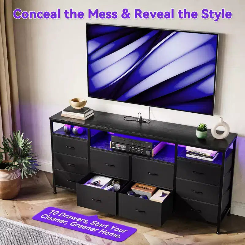 Commode noire de 160 cm pour chambre à coucher, commode à 10 tiroirs, meuble TV pour téléviseur de 65, 70, 75 pouces, commode en tissu avec lumières LED et prises de courant