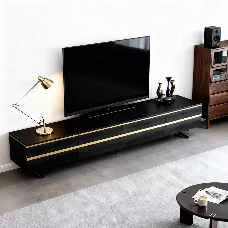 Meuble TV et console média noir Luck Live Farmhouse 86.61 avec tiroirs de rangement dissimulés, armoires fermées, pieds en métal et gestion des câbles
