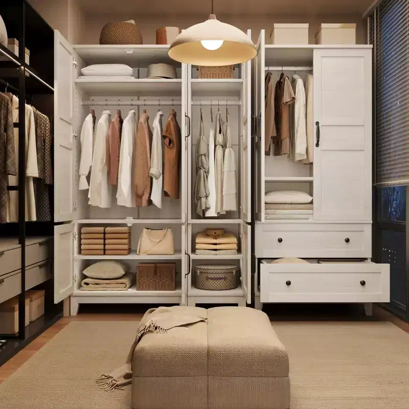 Armoire-penderie en bois de 72 po avec tringle de suspension, armoire haute autoportante avec 18 tablettes réglables