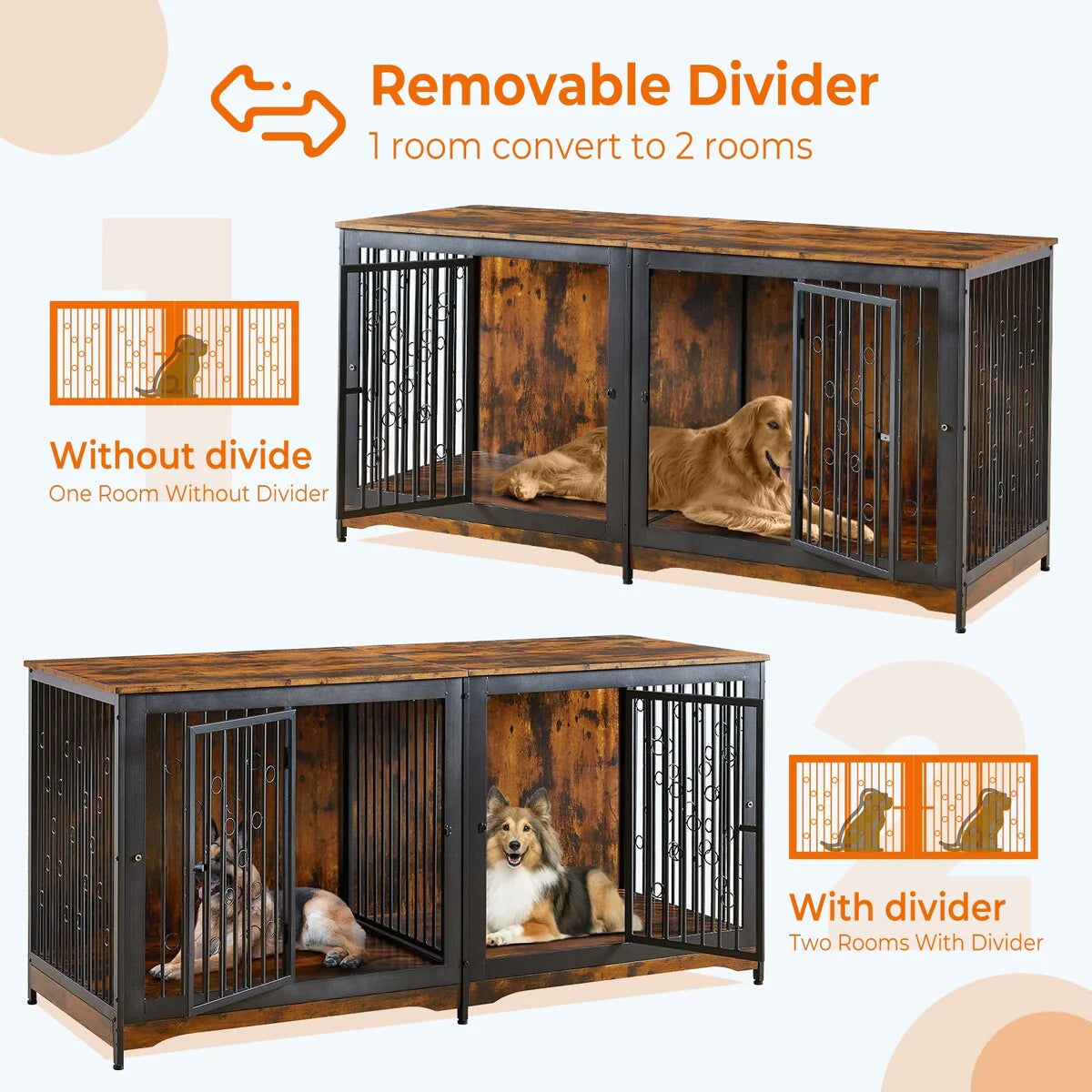 Meuble Cage pour Chien 70.86'' Grande Race Meuble TV avec Coussin & Deux Chambres (Sans Coussin)
