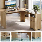 Bureau d'angle Bestier de 140 cm avec tiroirs, bureau d'ordinateur de bureau avec coins arrondis, support d'écran et panneaux cannelés, blanc et noyer