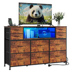 Commode de rangement à 10 tiroirs avec support TV, bande lumineuse LED et prises électriques, commode en tissu avec plateau en bois, meuble TV pour téléviseur de 55 pouces, commode de rangement