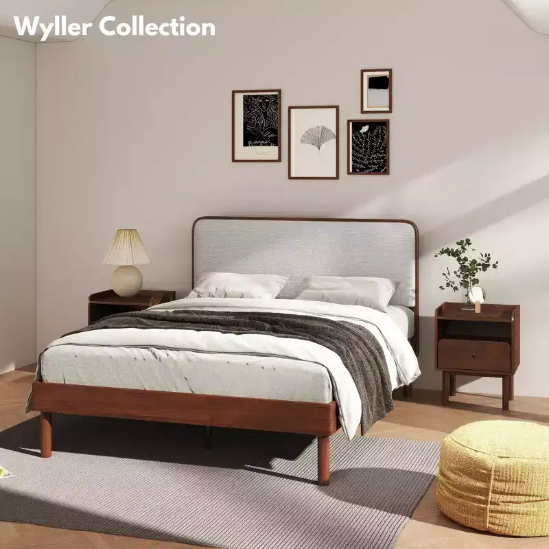 Lit Plateforme Queen Roundhill Furniture Wyller en Bois d'Hévéa, Fini Noyer Naturel