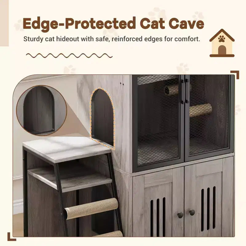 Meuble de litière pour chat GustomWave, armoire double cachée 2 en 1 avec bac à litière fermé et échelle, meuble pour chat en bois