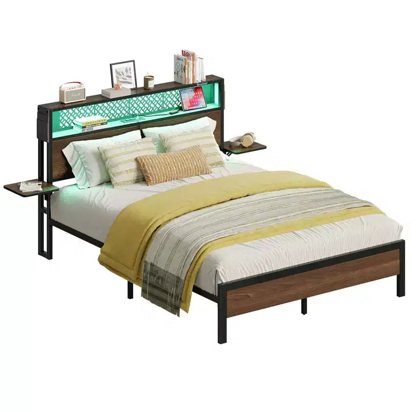 Cadre de lit Bestier Queen/Full en tissu, plateforme de lit LED, tête de lit de rangement avec étagères pliantes et station de charge