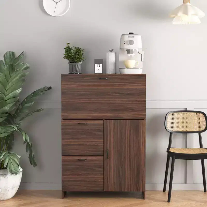 JVNOXK Meuble de bureau 31 pouces avec tiroirs de rangement et étagères, doté d'un plateau pliable, idéal pour les dortoirs et les petits espaces. Noyer