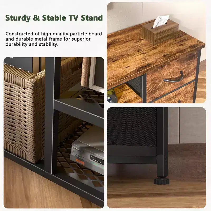 Meuble TV Qwatto 63 pouces marron avec station de charge, lumières LED, 6 tiroirs en tissu, centre de divertissement pour TV jusqu'à 70 pouces, rangement de chambre
