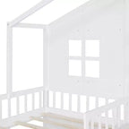Lit cabane MAYEERTY pour enfant avec canapé, plateforme, deux tiroirs et étagère de rangement, blanc
