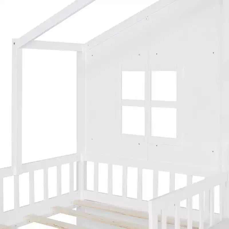 Lit cabane MAYEERTY pour enfant avec canapé, plateforme, deux tiroirs et étagère de rangement, blanc