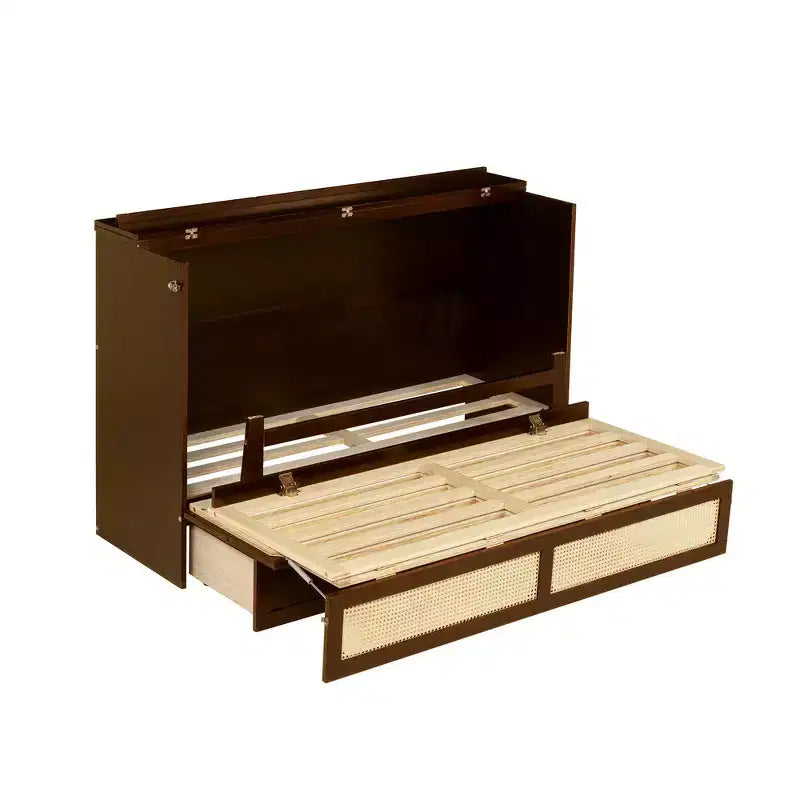 Lit escamotable Whisen Queen Size en pin avec décoration en rotin et tiroir de rangement