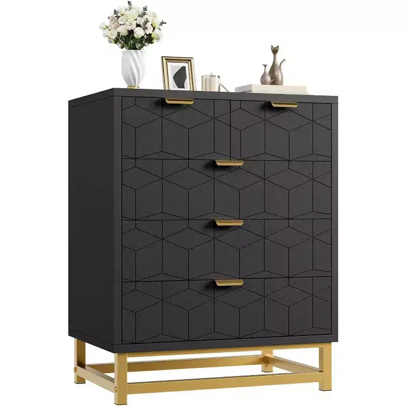 Commode de rangement moderne Acekool à 5 tiroirs avec poignées métalliques pour chambre, salon ou entrée - Blanc avec pieds en métal doré