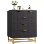Commode de rangement moderne Acekool à 5 tiroirs avec poignées métalliques pour chambre, salon ou entrée - Blanc avec pieds en métal doré