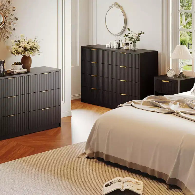 COZONY Commode cannelée à 8/9 tiroirs - Grand meuble de rangement en bois avec poignées métalliques et dispositif anti-basculement pour chambre à coucher, salon, couloir